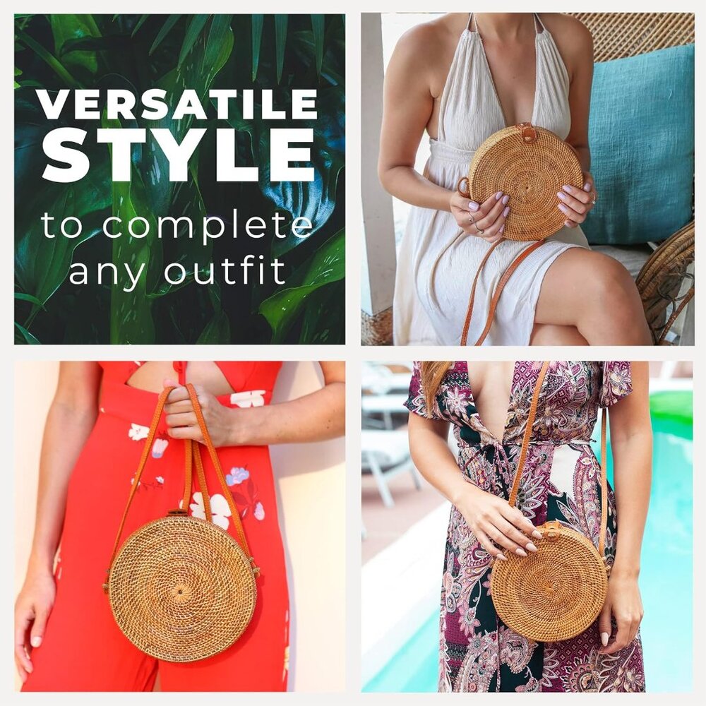 Round Rattan Bag for Women - Handmade Ata Wicker Woven Purse - Circle, Square, O - Picture 2 of 6